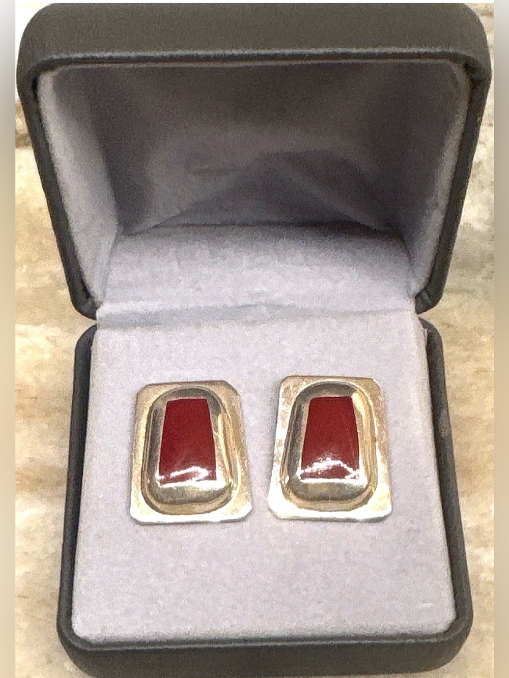 ♥️ATL♥️ ANTIQUE RED JASPER INLAY STERLING SILVER POST PIERCE MEXICAN EARRINGS